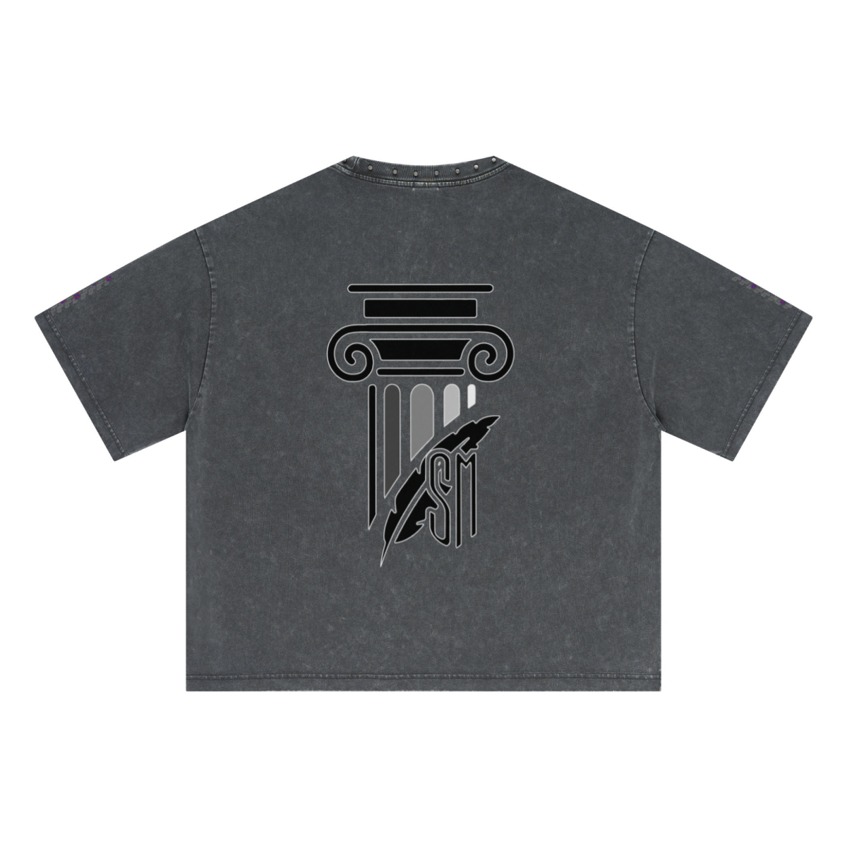 310GSM Men’s Boxy-Fit Distressed Fried-Color Snow-Wash Studded Loose Short-Sleeve T-shirt Vintage dark gray