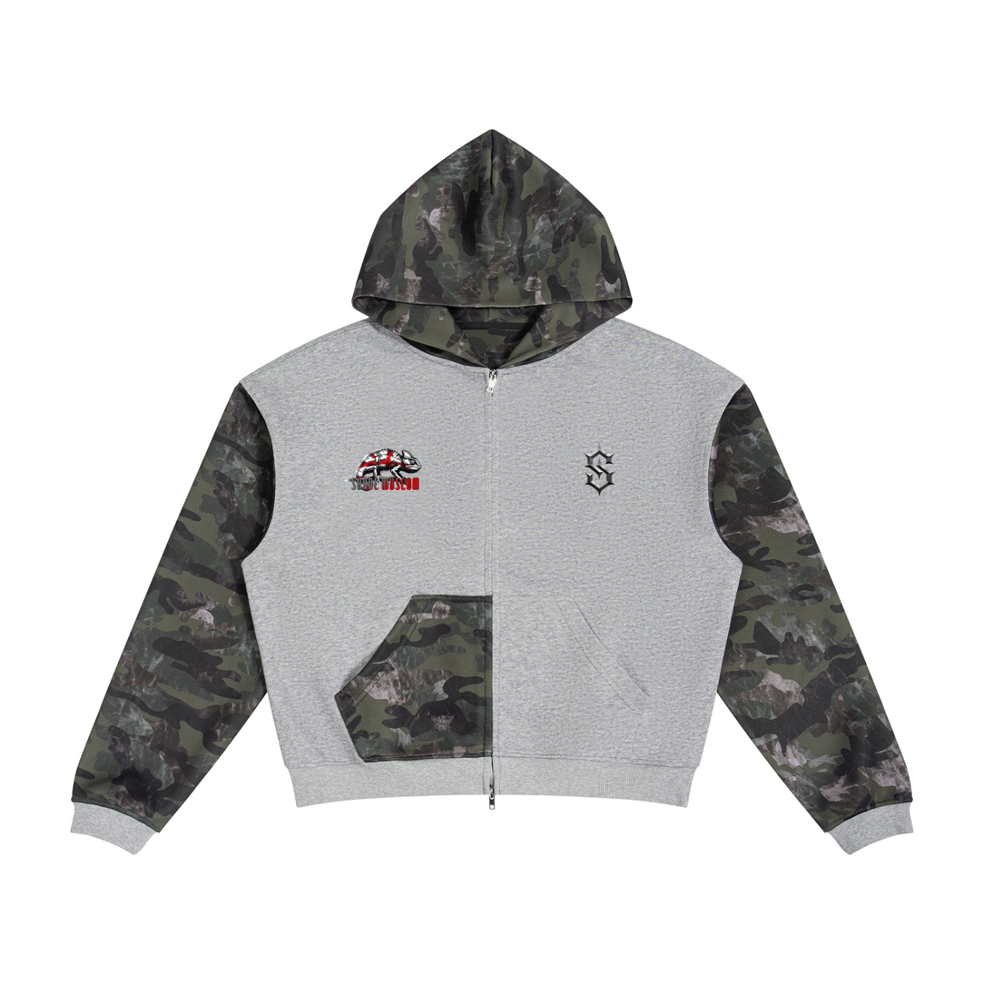 Unisex Colorblock Camo Full Zip Boxy Hoodie