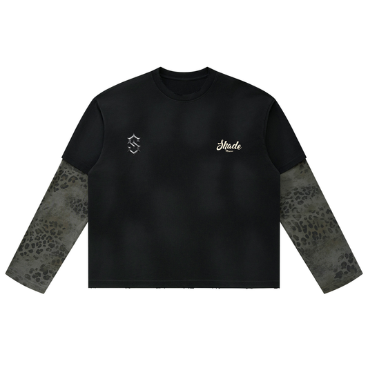 Unisex Vintage Wash Leopard Paneled Layer T-Shirt