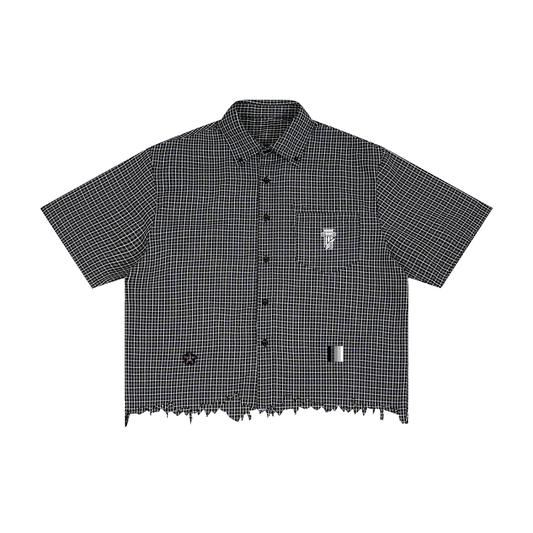 Unisex Distressed Plaid Boxy Shirt