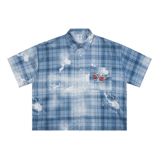 200GSM Tencel Twill Plaid Print Boxy Workwear Shirt Blue