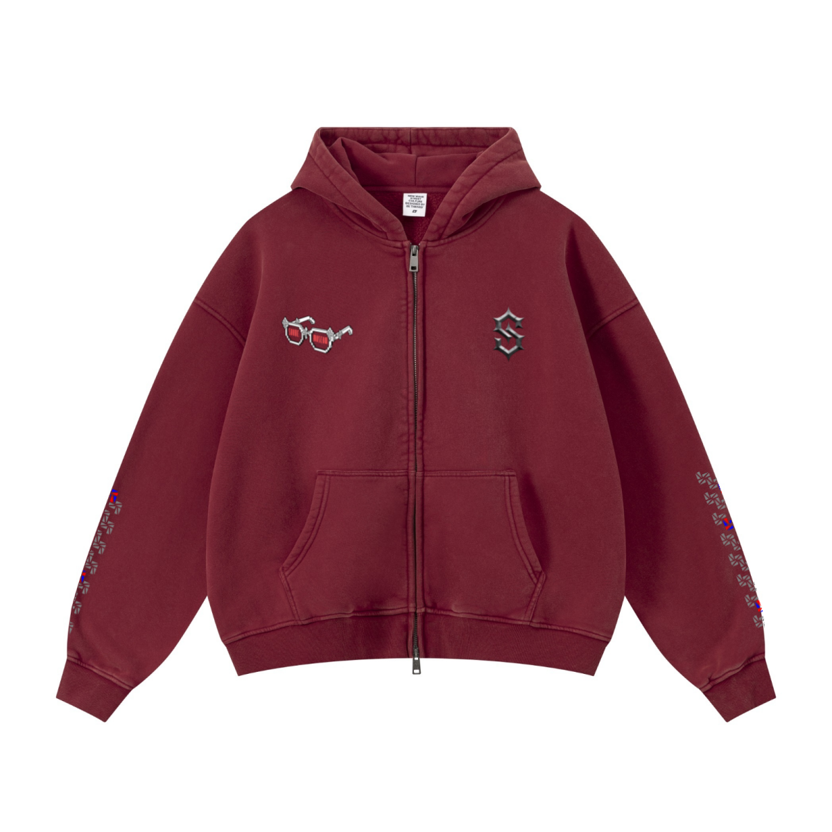 400GSM Unisex Vintage-Wash Boxy-Fit Zip-Up Hoodie Vintage Red