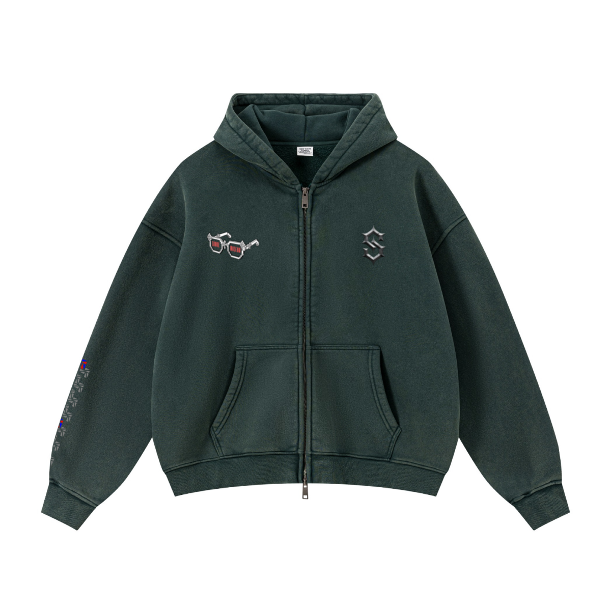 400GSM Unisex Vintage-Wash Boxy-Fit Zip-Up Hoodie Vintage Moss Green