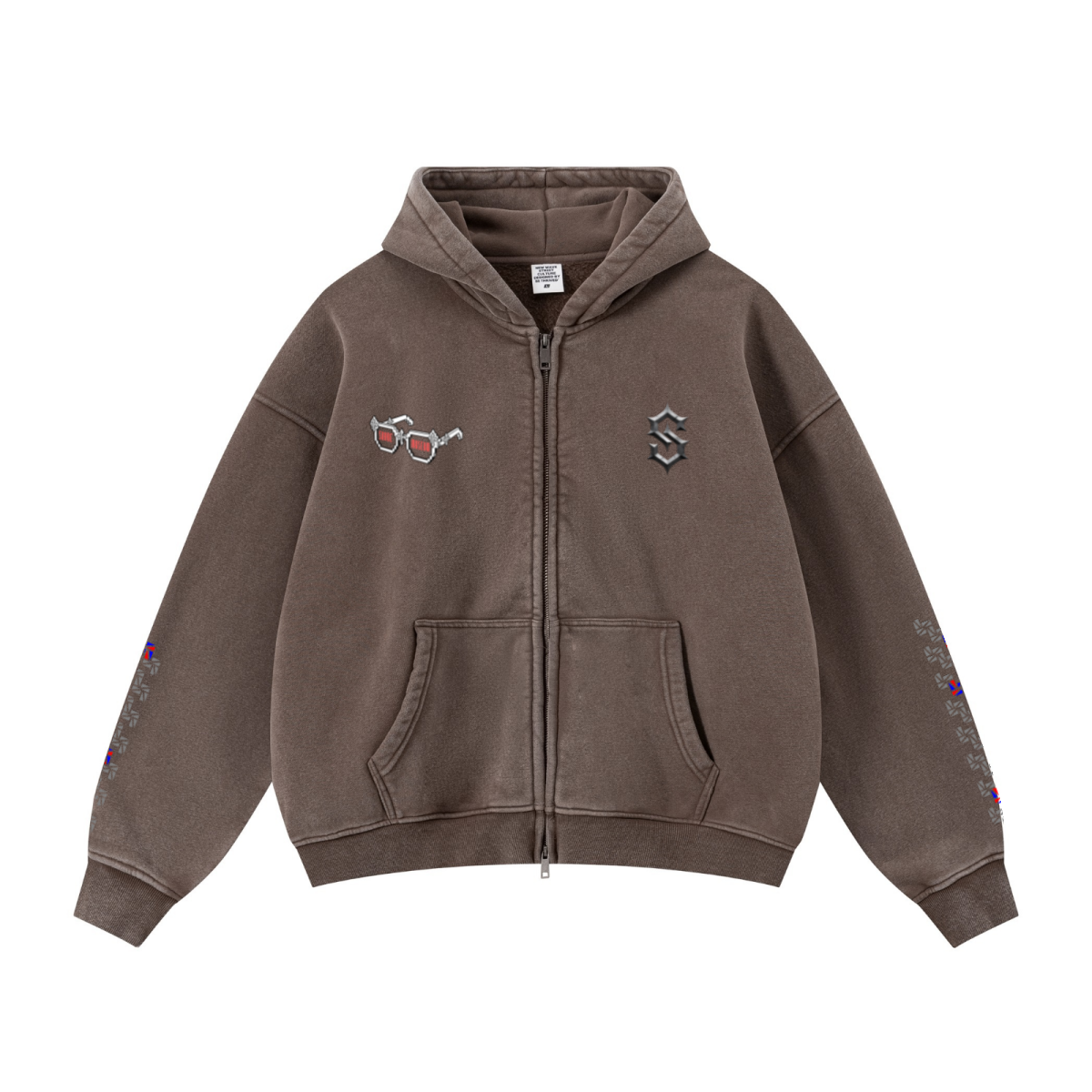 400GSM Unisex Vintage-Wash Boxy-Fit Zip-Up Hoodie Vintage Dark Brown