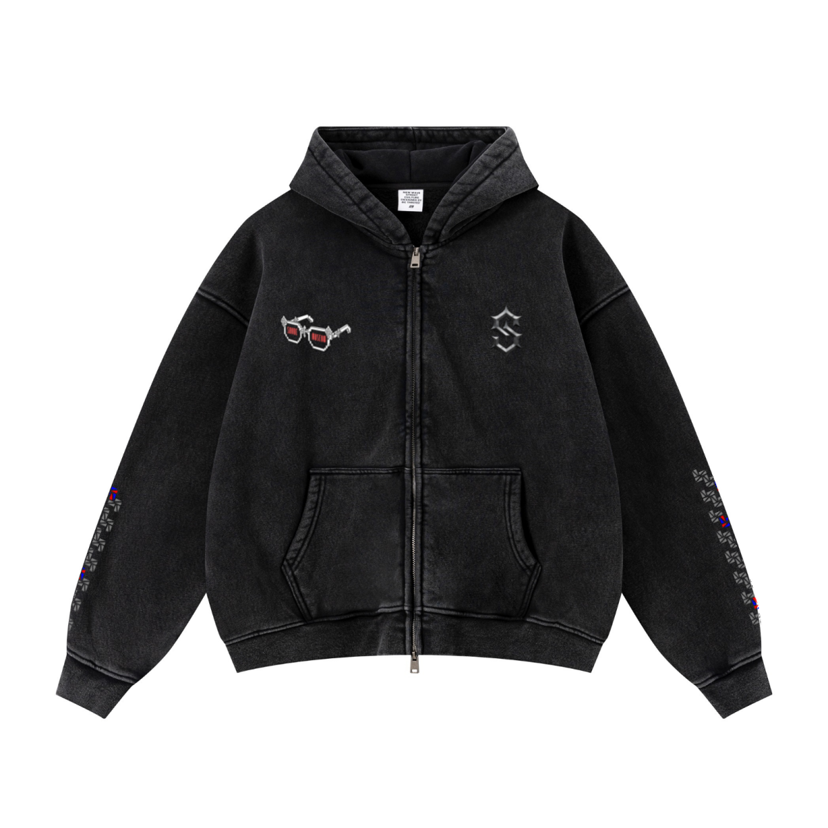 400GSM Unisex Vintage-Wash Boxy-Fit Zip-Up Hoodie Vintage Black
