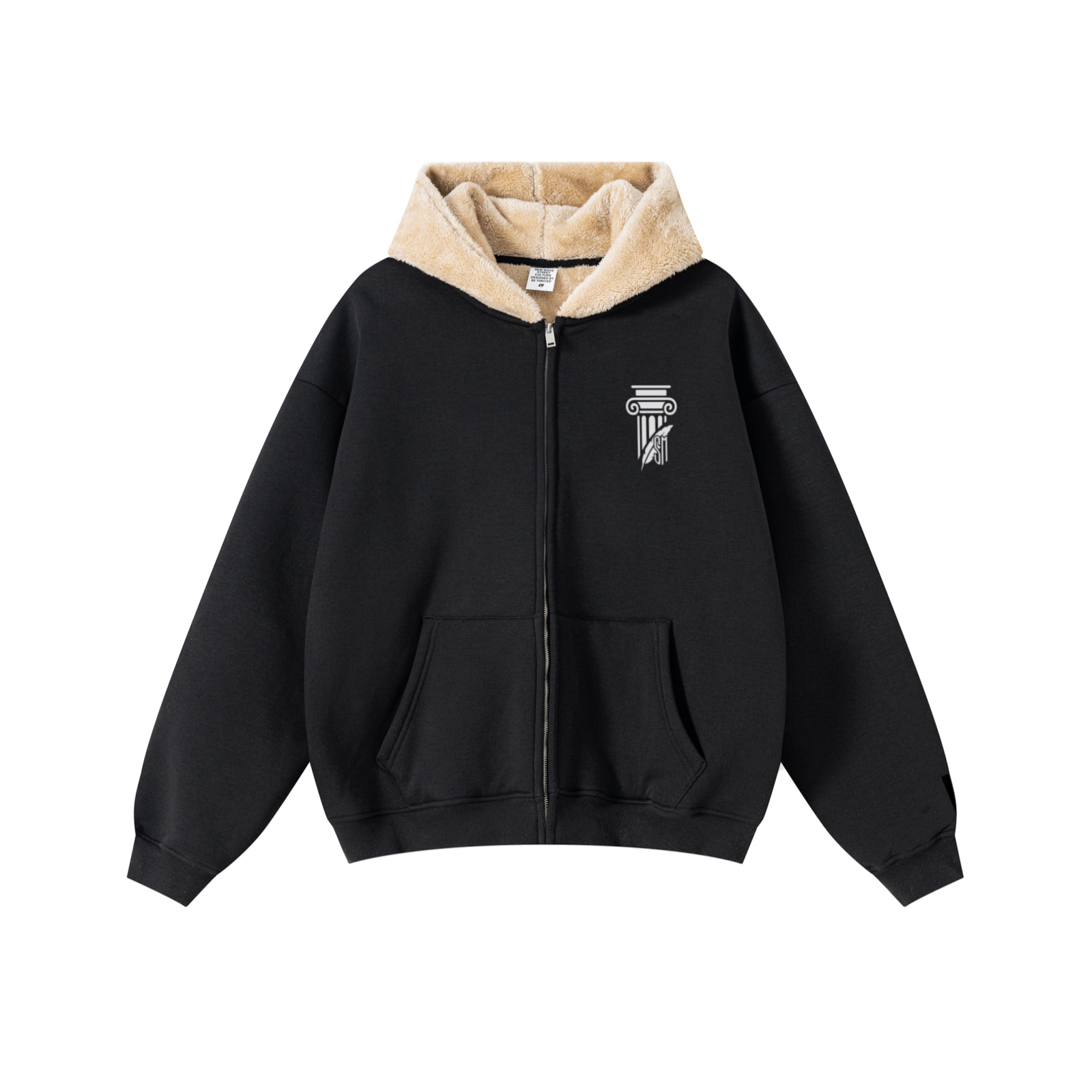 570GSM Minimalist Heavyweight Fleece-Lined Zip Hoodie Black