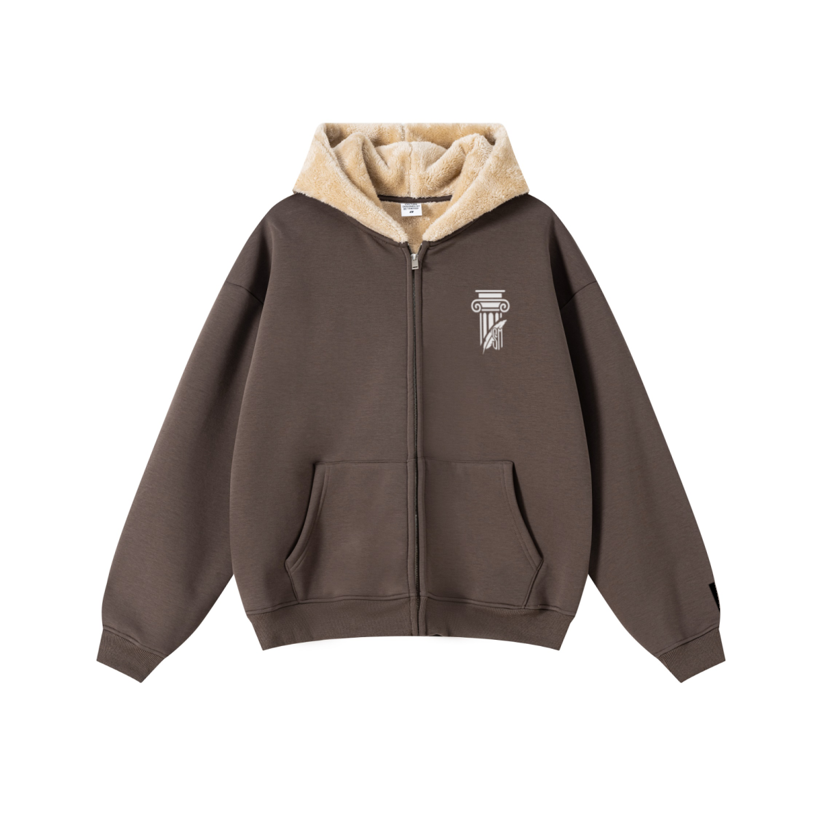 570GSM Minimalist Heavyweight Fleece-Lined Zip Hoodie Brown