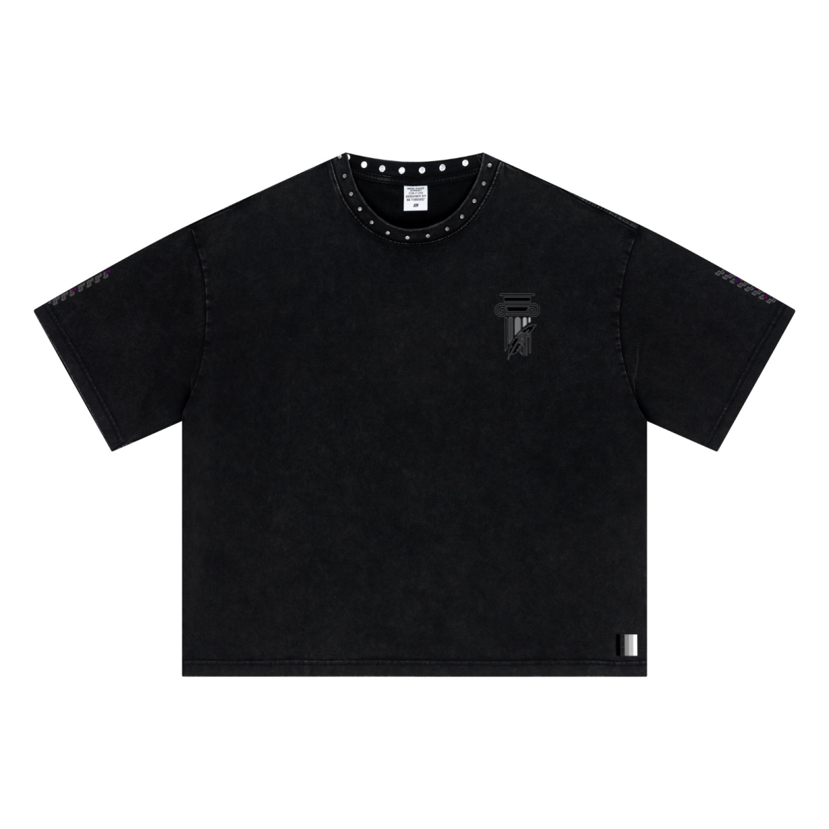 310GSM Men’s Boxy-Fit Distressed Fried-Color Snow-Wash Studded Loose Short-Sleeve T-shirt Vintage black