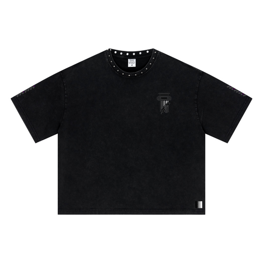 310GSM Men’s Boxy-Fit Distressed Fried-Color Snow-Wash Studded Loose Short-Sleeve T-shirt Vintage black