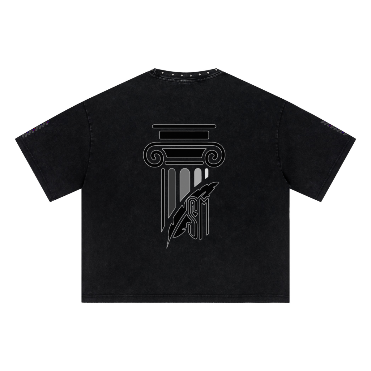 310GSM Men’s Boxy-Fit Distressed Fried-Color Snow-Wash Studded Loose Short-Sleeve T-shirt Vintage black